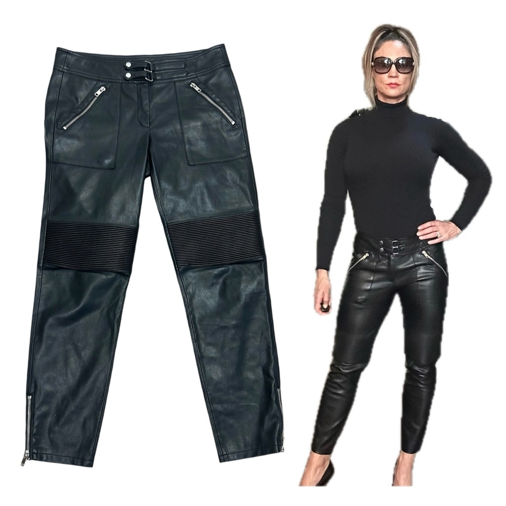 MNG Mango black faux leather moto biker pants leggings 6 vegan pleather zippered